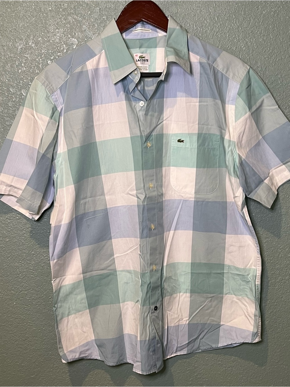 Lacoste Men’s Short Sleeve Check Shirt in Light Blue & Mint